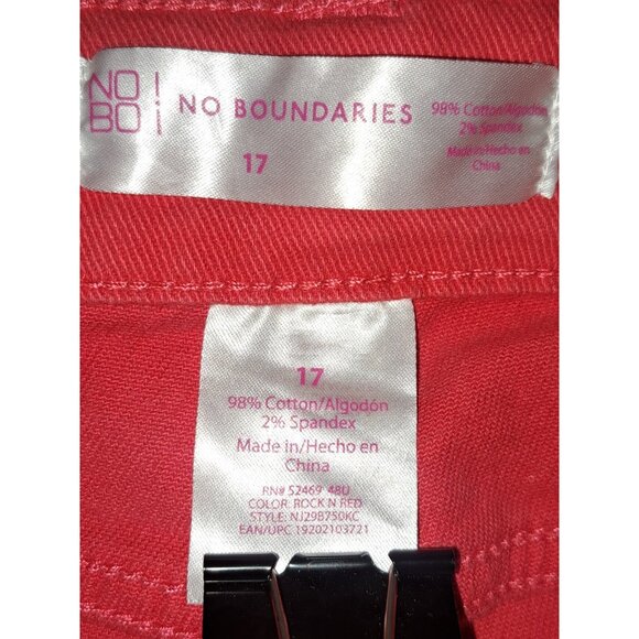 No Boundaries Womens Red Denim Shorts 17 Raw Frayed Hem Stretch Mid Rise - Picture 5 of 5